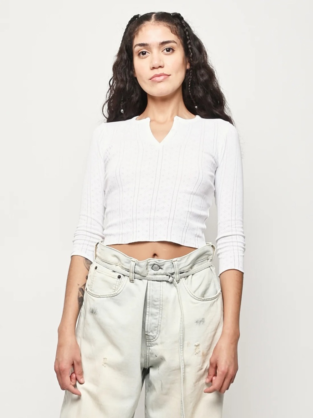 Coucou White Pointelle Button Long Sleeve Henley Top
